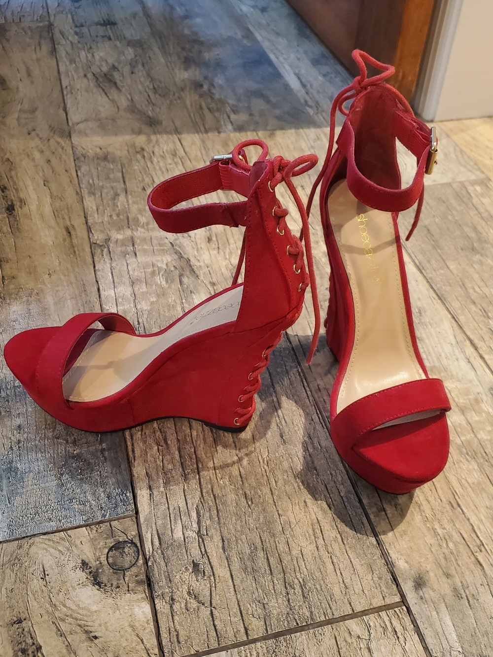 Shoe Dazzle Red Lace-Up Ankle Strap 5" Wedge Sandals